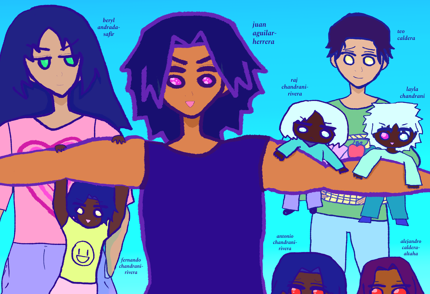A group of characters from Blue Horizon. From left to right: Beryl Andrada-Safir, an effeminate guy, and in front of him is a main character, Juan Aguilar-Herrera, who is buff and cheery as kids use his arms as monkey bars, including Fernando Chandrani-Rivera with his smiley t-shirt, a serious Raj Chandrani-Rivera and a cheerful Layla Chandrani. Below Raj and Layla are Antonio Chandrani-Rivera and Alejandro [Caldera-]Altaha as kids too, waiting their turn to swing on Juan's buff arms. Behind the quartet of kids is Alejandro's eldest brother Teo with a gentle expression toward the events; he's holding a picnic basket full of food like apples and possible wraps of some kind. The day is bright and blue. Beryl has Spectral Viridian eyes, Fernando and Teo have Spectral Gold eyes, Raj has Spectral Silver eyes, while Juan, Antonio and Alejandro have Spectral Red, and Layla has a Dual Spectral Red-Silver. However, Juan and Layla's eyes are dialed up to fuchsia.